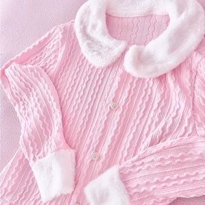 brand new pink cable kint fur trim cardigan with gold buttons 🎀